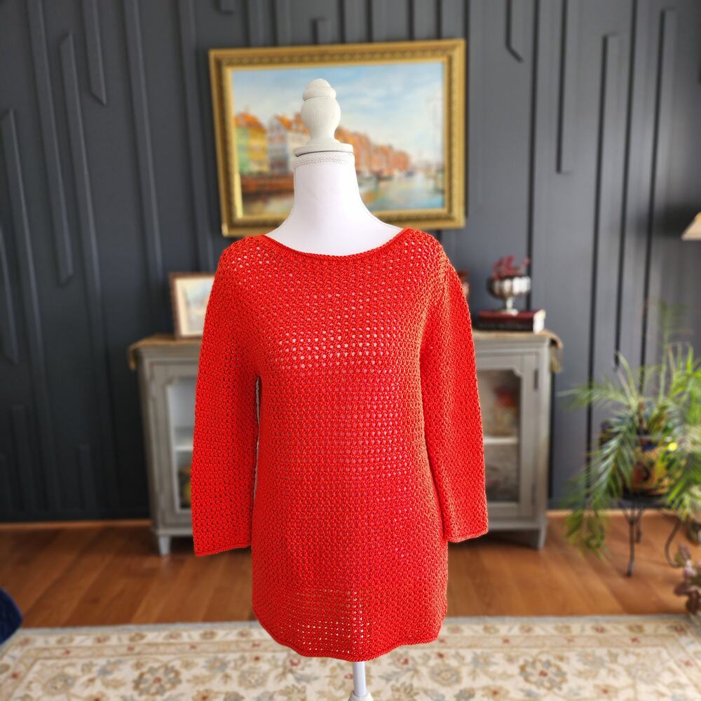 Lauren Ralph Lauren Red Mercerized Cotton Hand Knit Cotton Sweater Lrg Fits Med